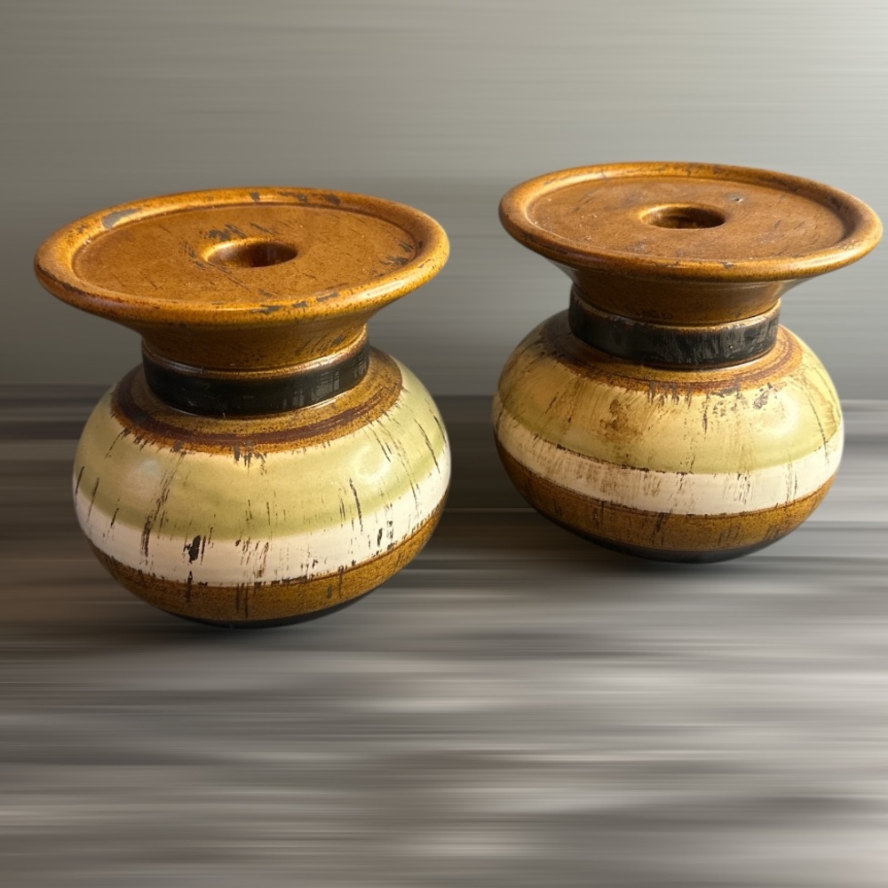 Julieann’s green and brown Glazed ceramic pillar, taper candle holders set of 2